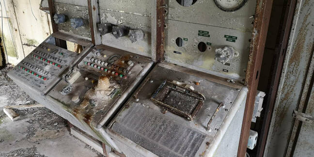 Abandoned control panels at Westcott. Note the frame for an automatic firing circuit on the right