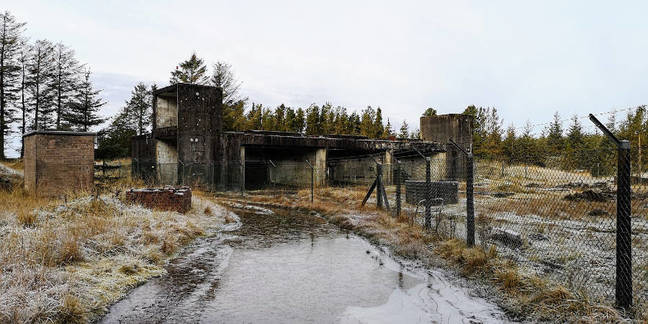 The turbo-pump test cells at Rushy Knowe. Note the fence, barbed wire and flooded, frozen access road. Not visitor friendly